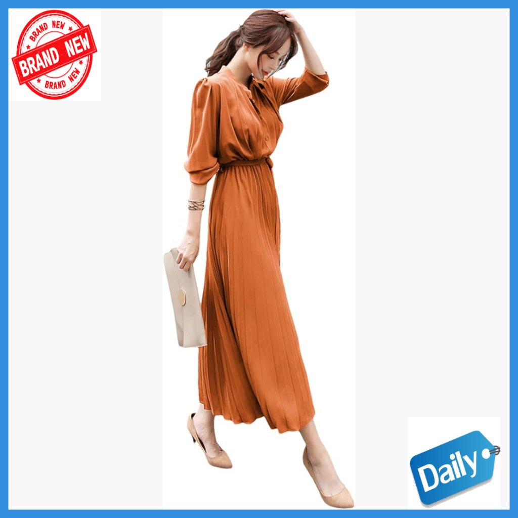 Long Sleeve Pleated Maxi Dress With Tie Waist, Loose Fit, Regular Size